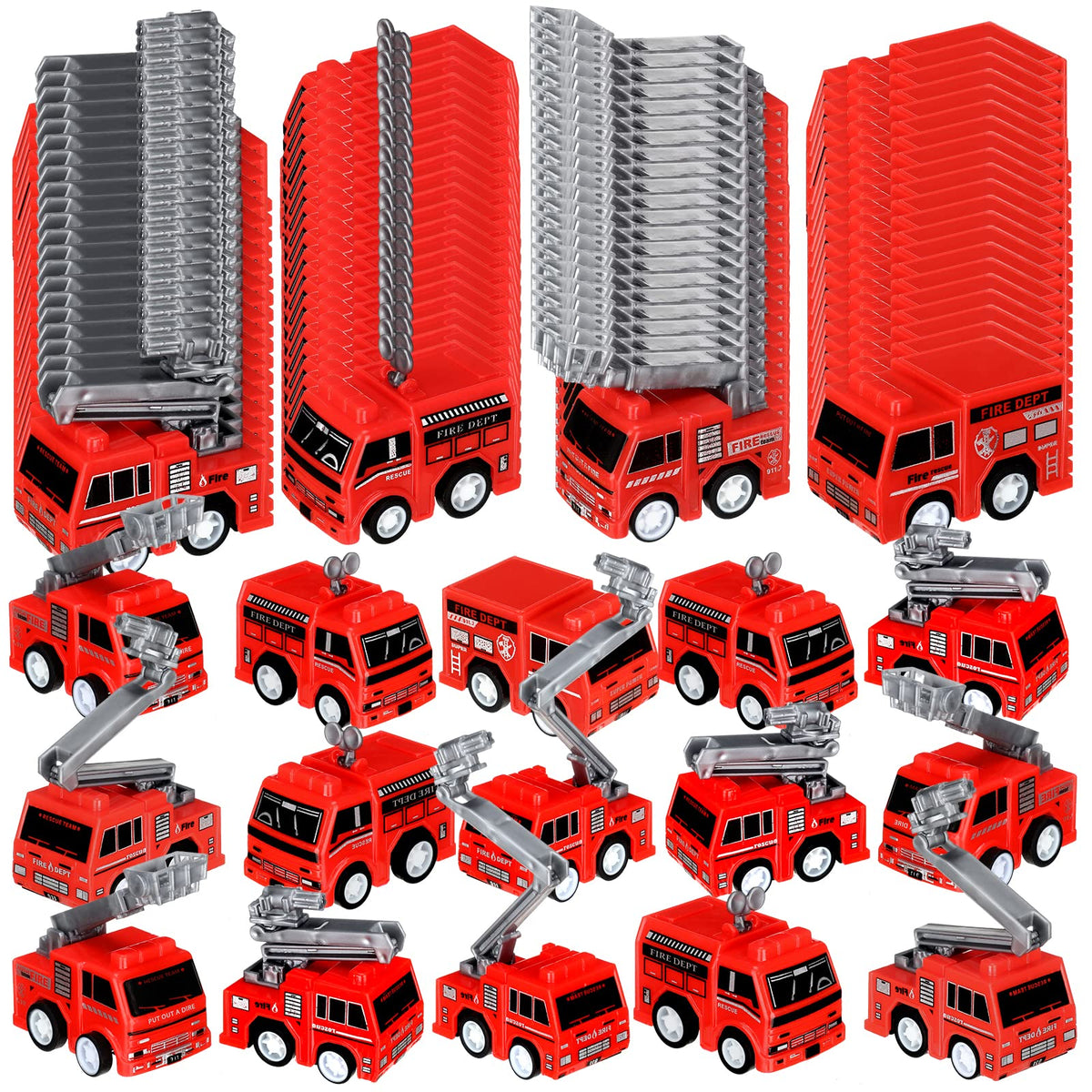 Funtery 48-pcs mini pullback fire trucks package for party favors and decorations.