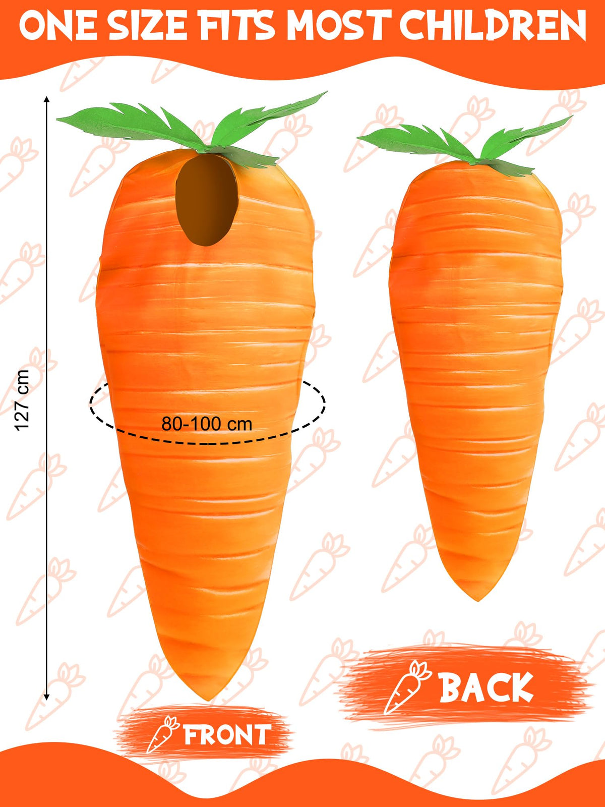 Funtery Easter carrot costume side view highlights flexible fit for kids.