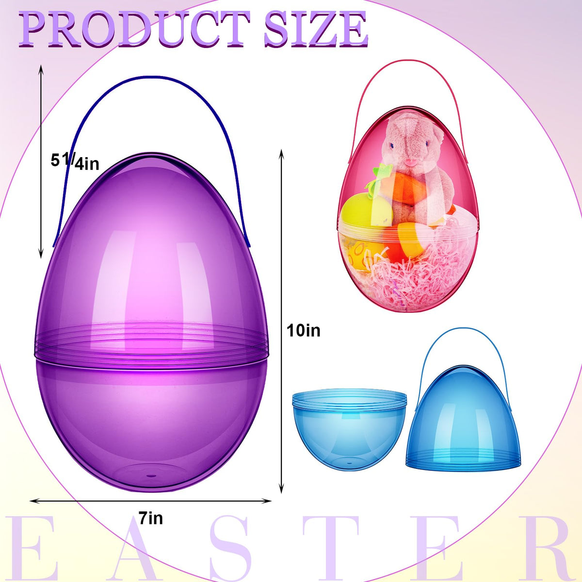 Funtery Easter eggs 10in clear with handle open pack, easy to fill and display.