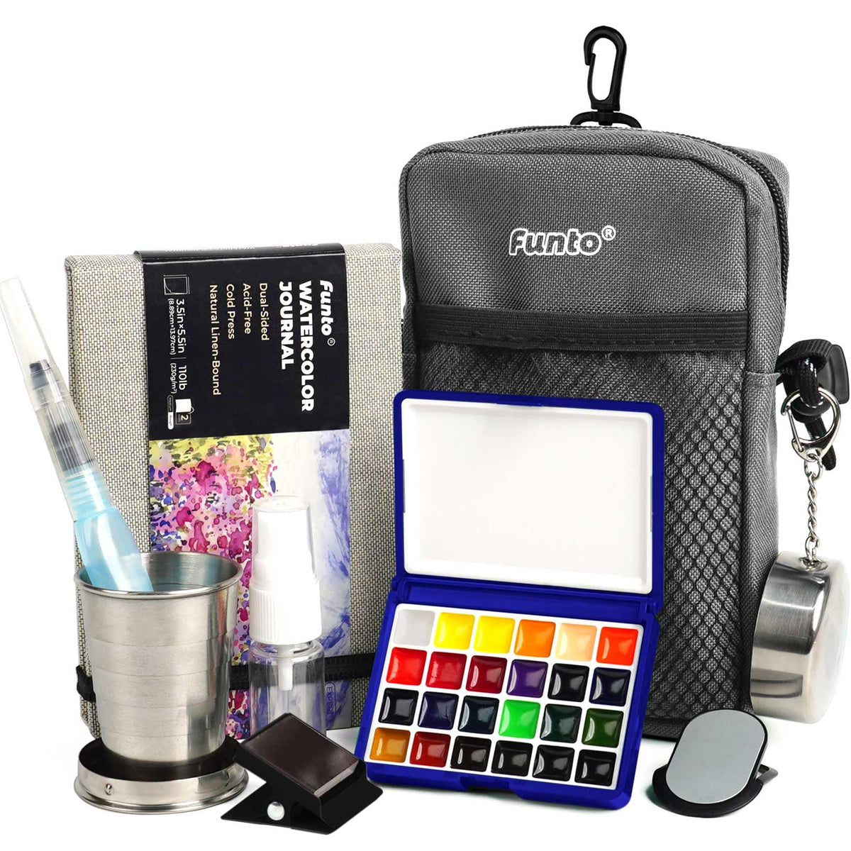 Funto Mini Watercolor Palette with 24 colors for vibrant travel painting on the go.