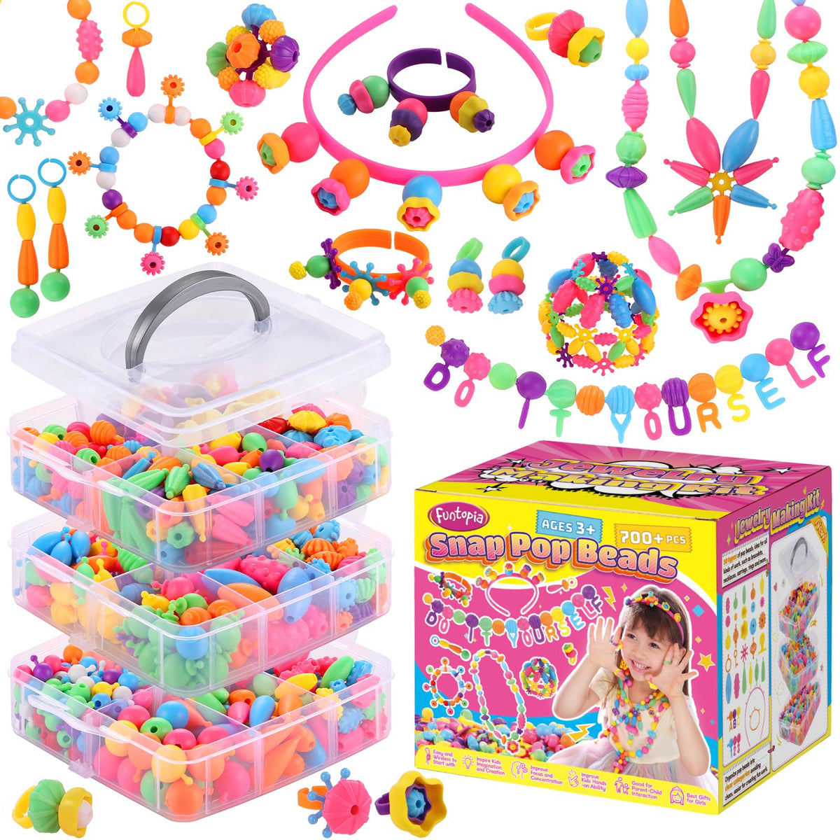 Funtopia Pop Beads contents in a clear box for organized creative play