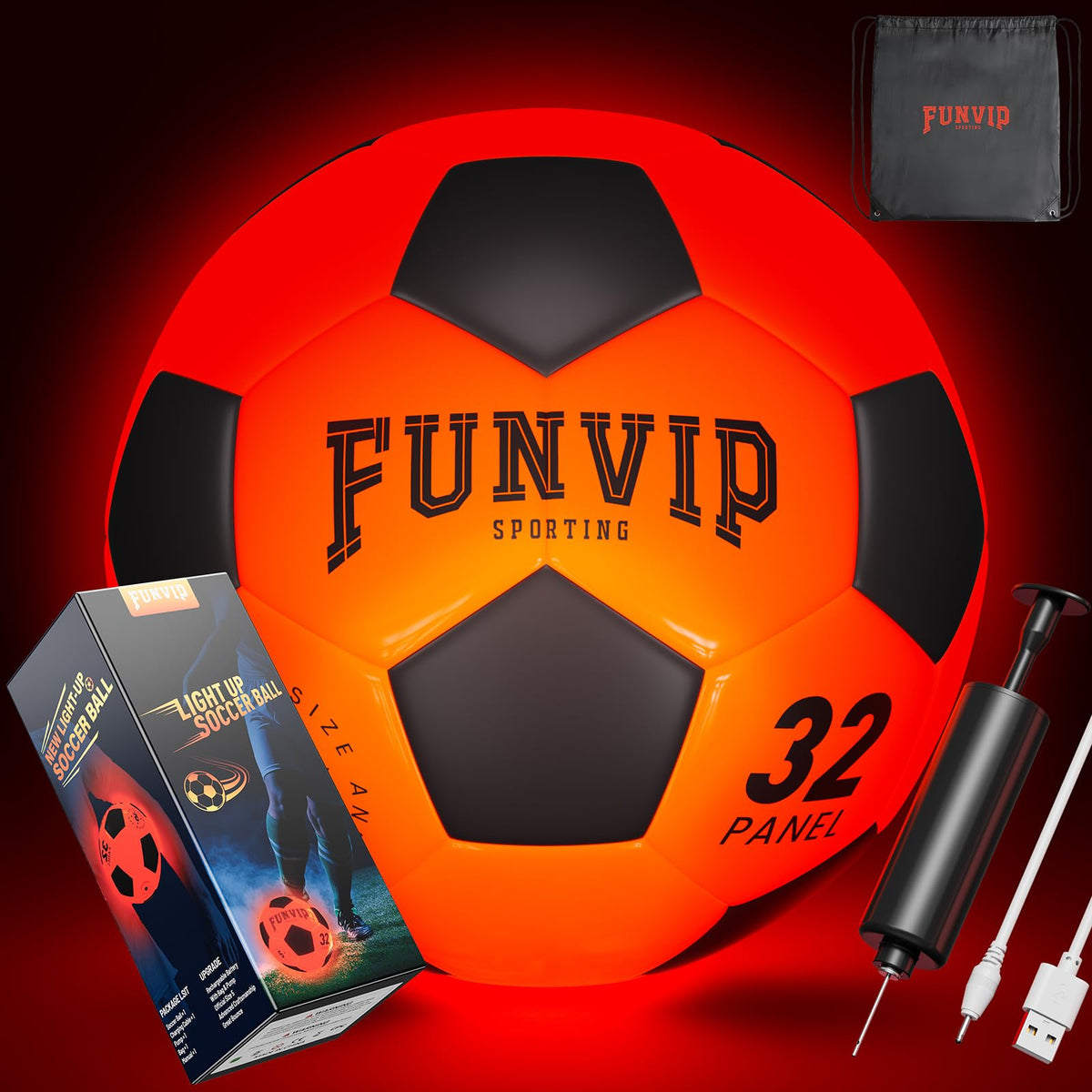 Funvip Light Up Soccer Ball glowing at night for clear visibility.