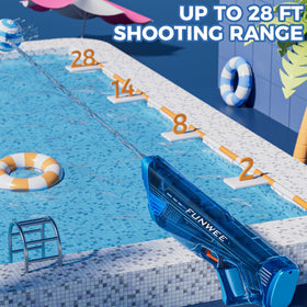Funwee water gun offers long-range blasts up to 28–32 feet for outdoor fun.