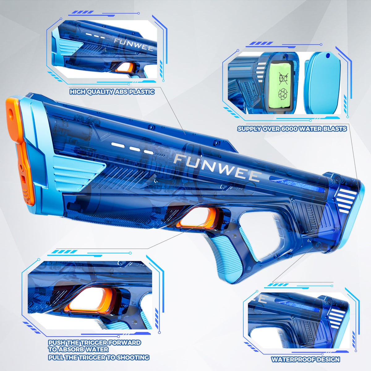 Funwee water gun waterproof design protects electronics during pool play.