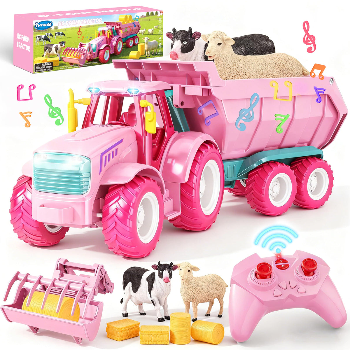Funwee RC farm tractor pink with front loader, ideal for imaginative indoor/outdoor play.