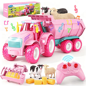 Funwee RC farm tractor pink with front loader, ideal for imaginative indoor/outdoor play.