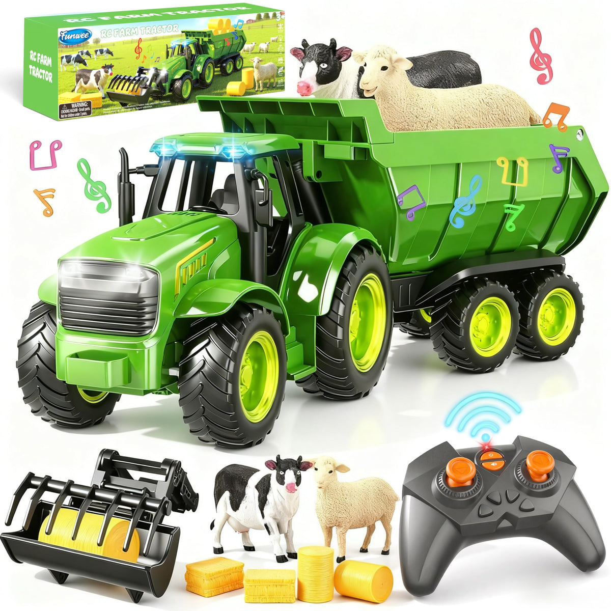 Funwee RC Farm Tractor front-loader for immersive farm play indoors.