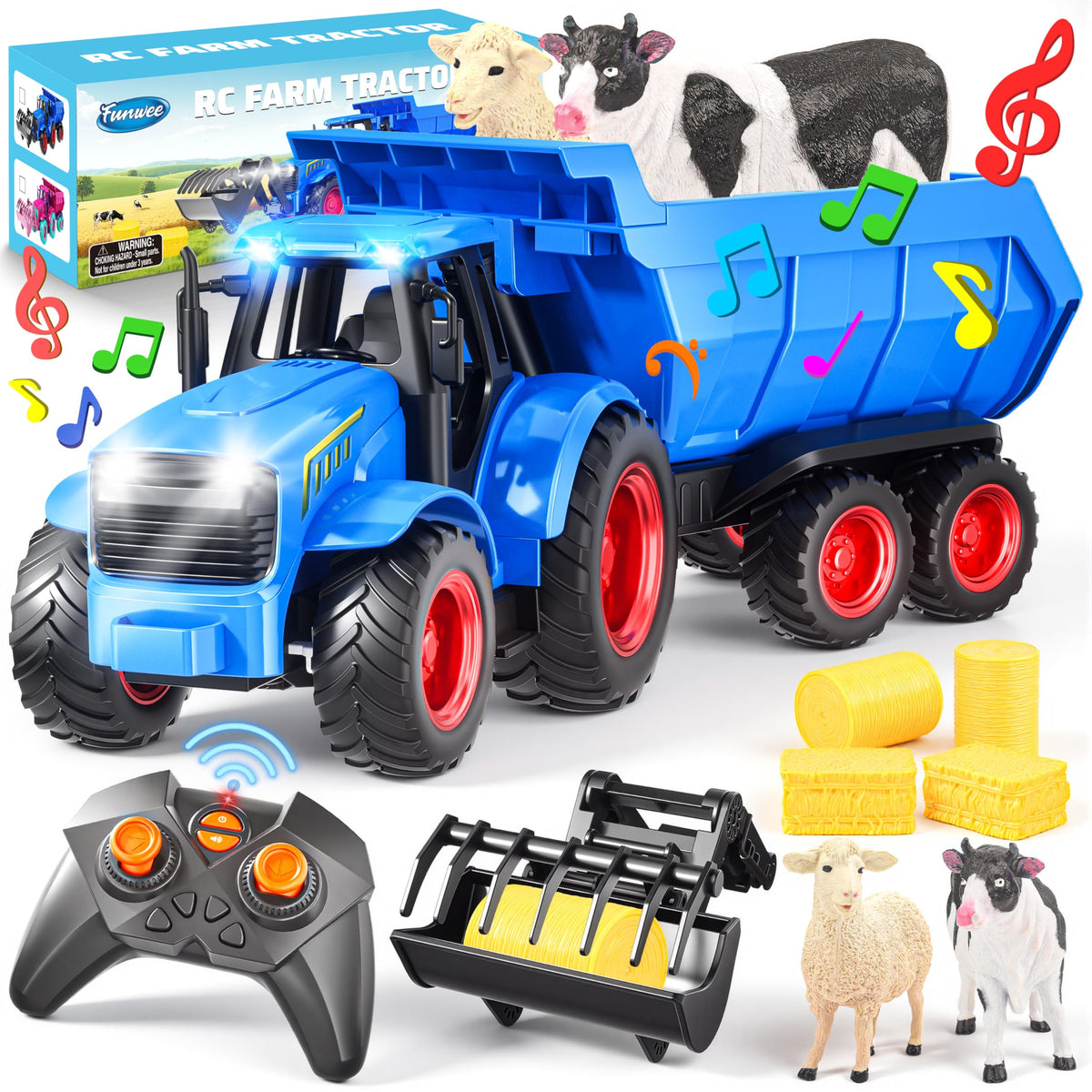 Funwee RC Tractor Blue with front lights for authentic nighttime farm play