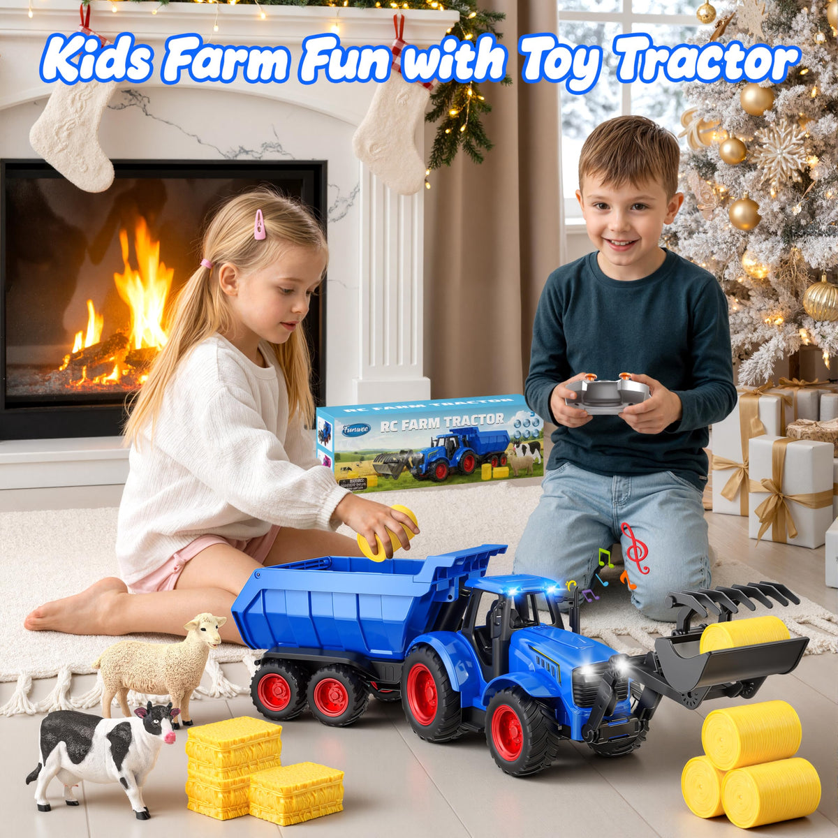 Funwee RC Tractor Blue outdoor farm playset in backyard setting
