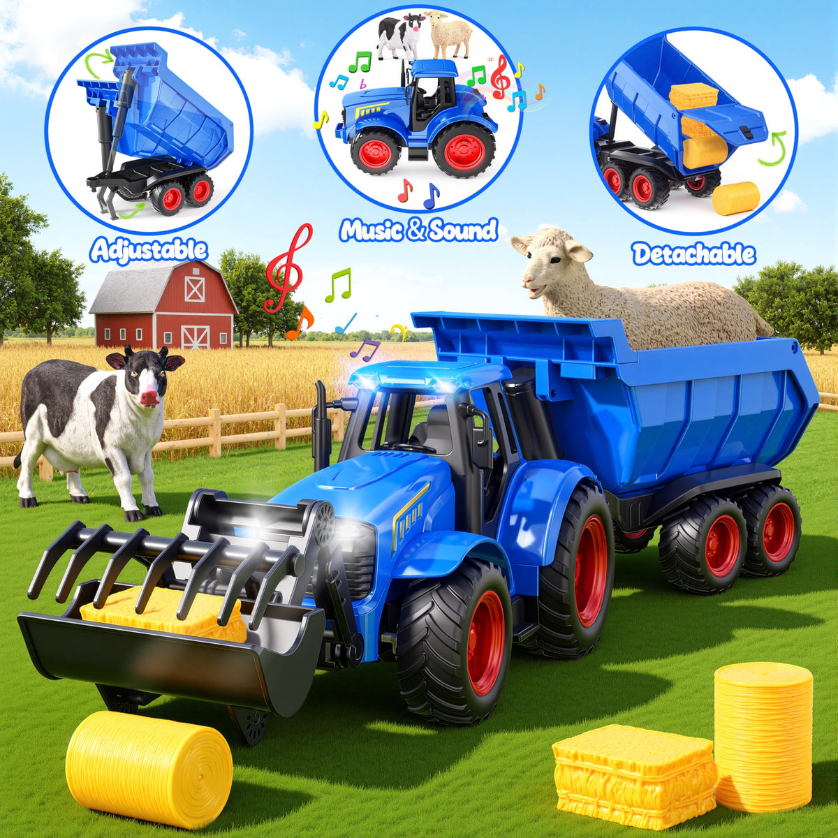 Funwee RC Tractor Blue trailer loads haystacks for imaginative farm play