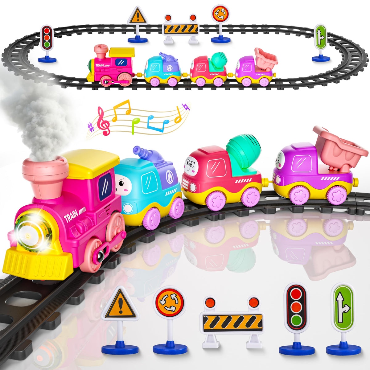 Funwee steam track train locomotive with lights for engaging toddler play.