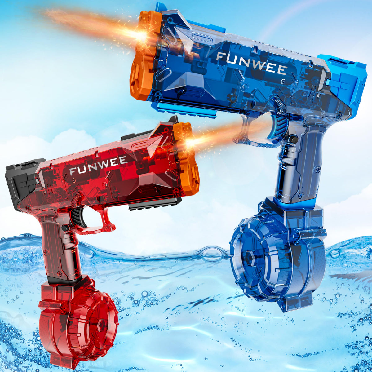 Funwee water gun with light-up feature for night play and visibility.