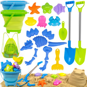 FUNWEGOT collapsible buckets demonstrate easy storage and transport on the beach