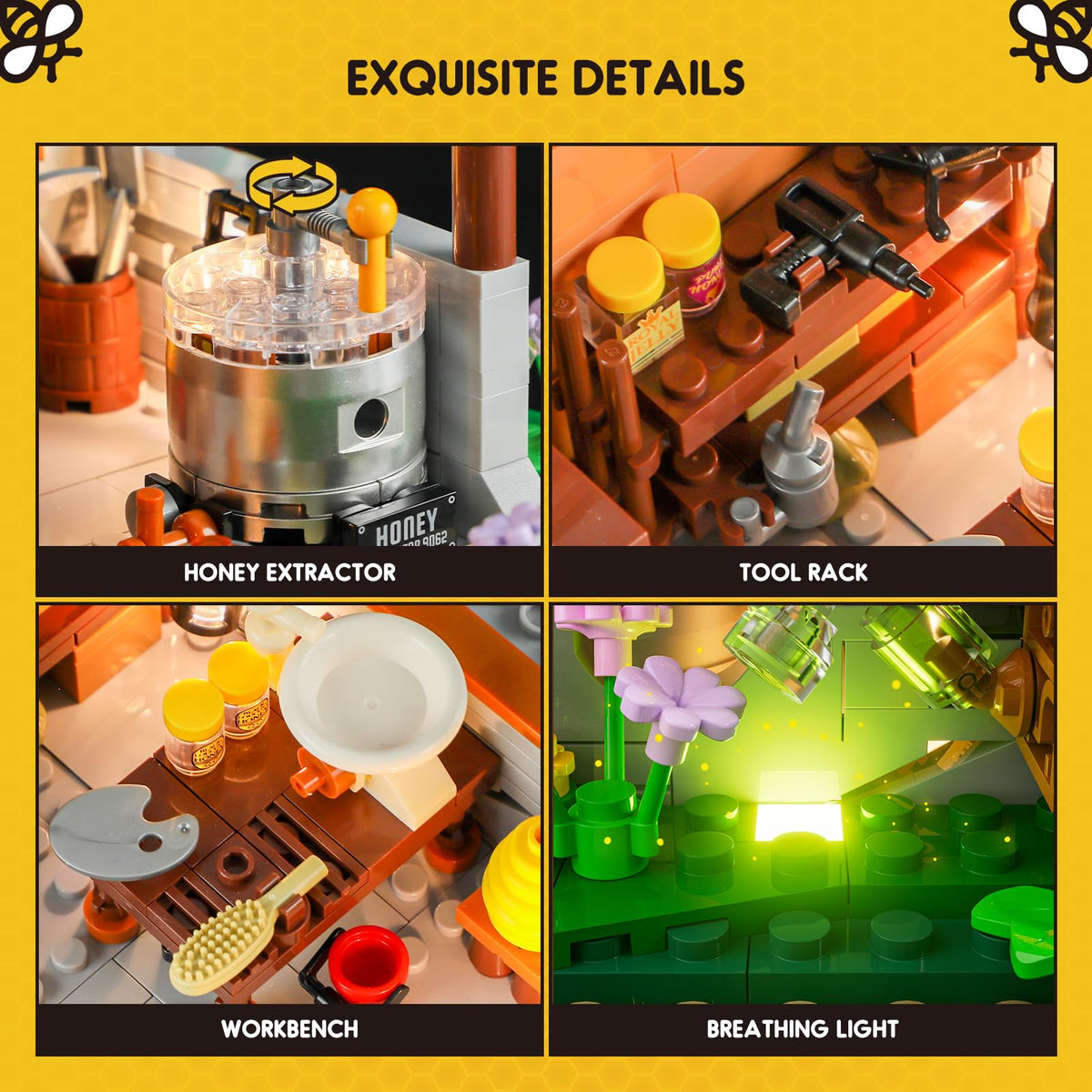 FUNWHOLE Bee-Farm tool shed lanterns brighten the workshop-inspired scene.