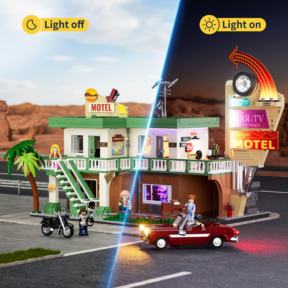 FUNWHOLE Chevrolet convertible with illuminated headlights adds dynamic night-drive effect.