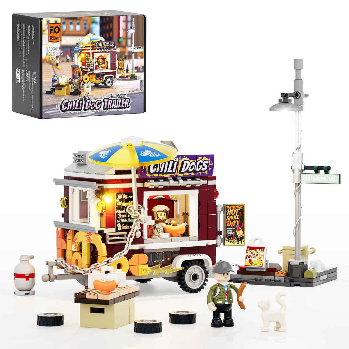 FUNWHOLE Chili Dog Trailer front view highlights vibrant lighting for night-time street scenes.