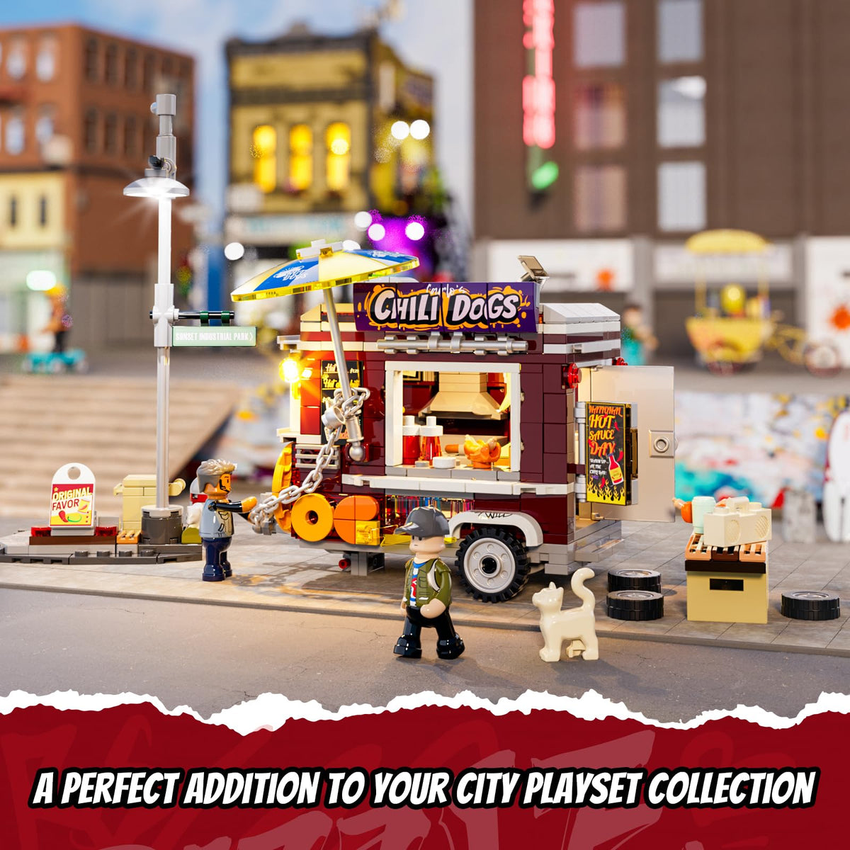 FUNWHOLE Chili Dog Trailer mini figures kit creates lively city-block storytelling.