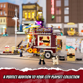 FUNWHOLE Chili Dog Trailer mini figures kit creates lively city-block storytelling.
