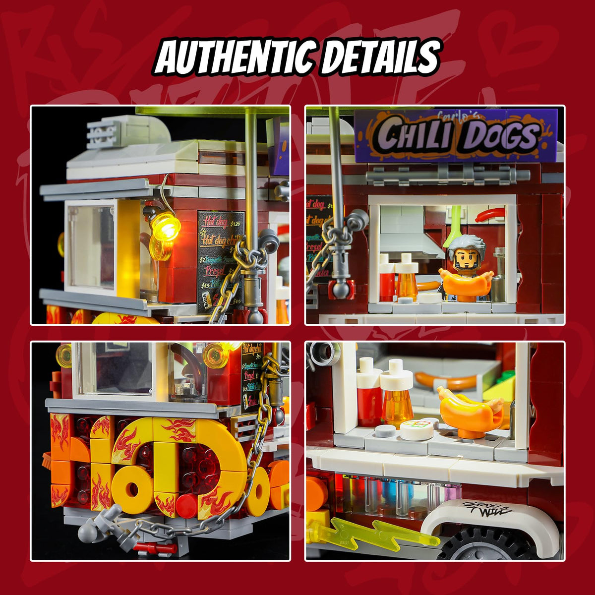 FUNWHOLE Chili Dog Trailer vintage umbrellas setup enhances nostalgic urban vibes and depth.
