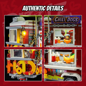 FUNWHOLE Chili Dog Trailer vintage umbrellas setup enhances nostalgic urban vibes and depth.