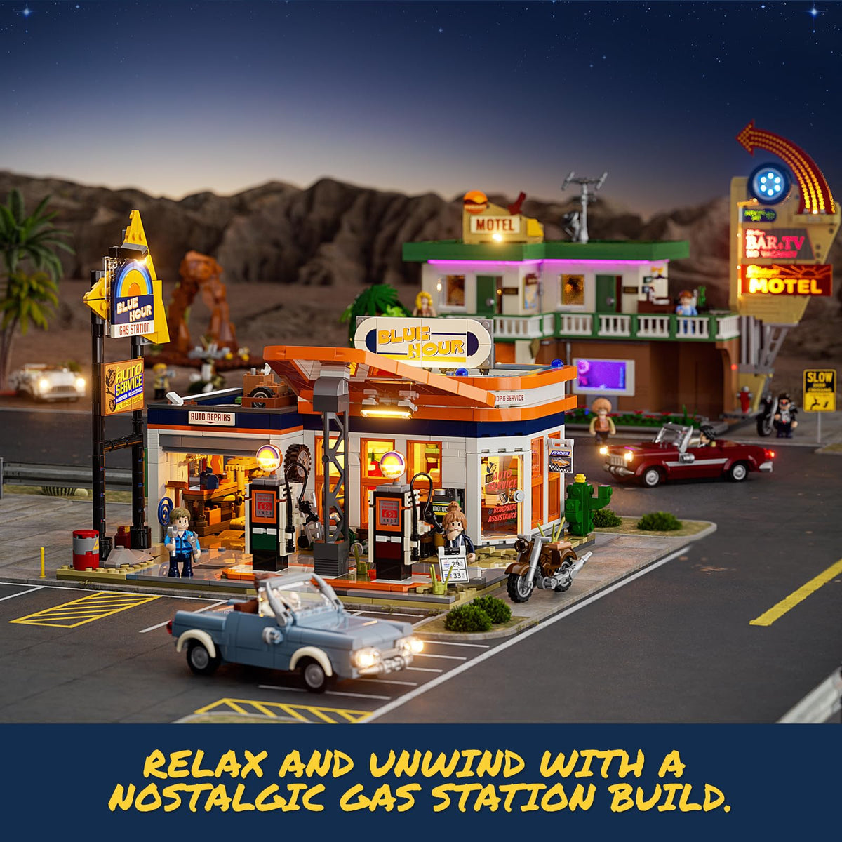 FUNWHOLE retro motorcycle enhances action-packed refueling and chase scenes.