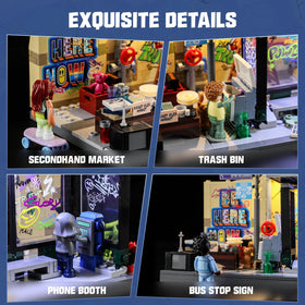 FUNWHOLE Graffiti Bus Stop flea market scene with minifigures for storytelling