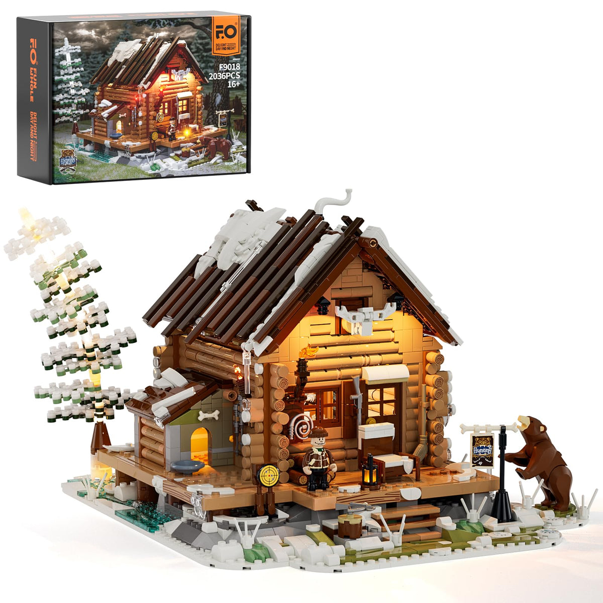 FunWHOLE Hunting Cabin with snow-lit tree provides cozy winter display and storytelling