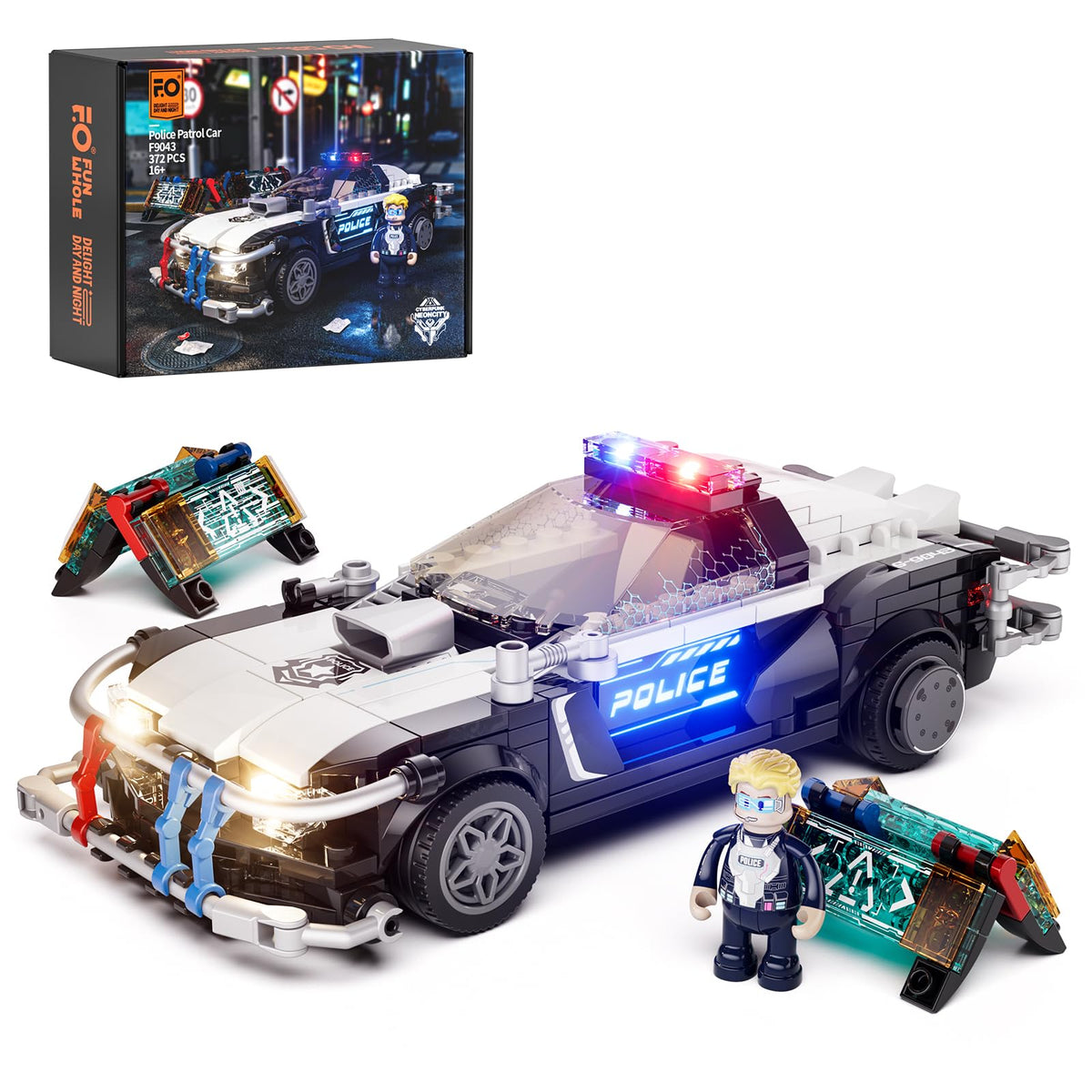FUNWHOLE Police Patrol Car lighting set glows neon for immersive city chase play.