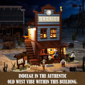 Funwhole Sheriff's Office night lighting displays warm amber glow for dioramas