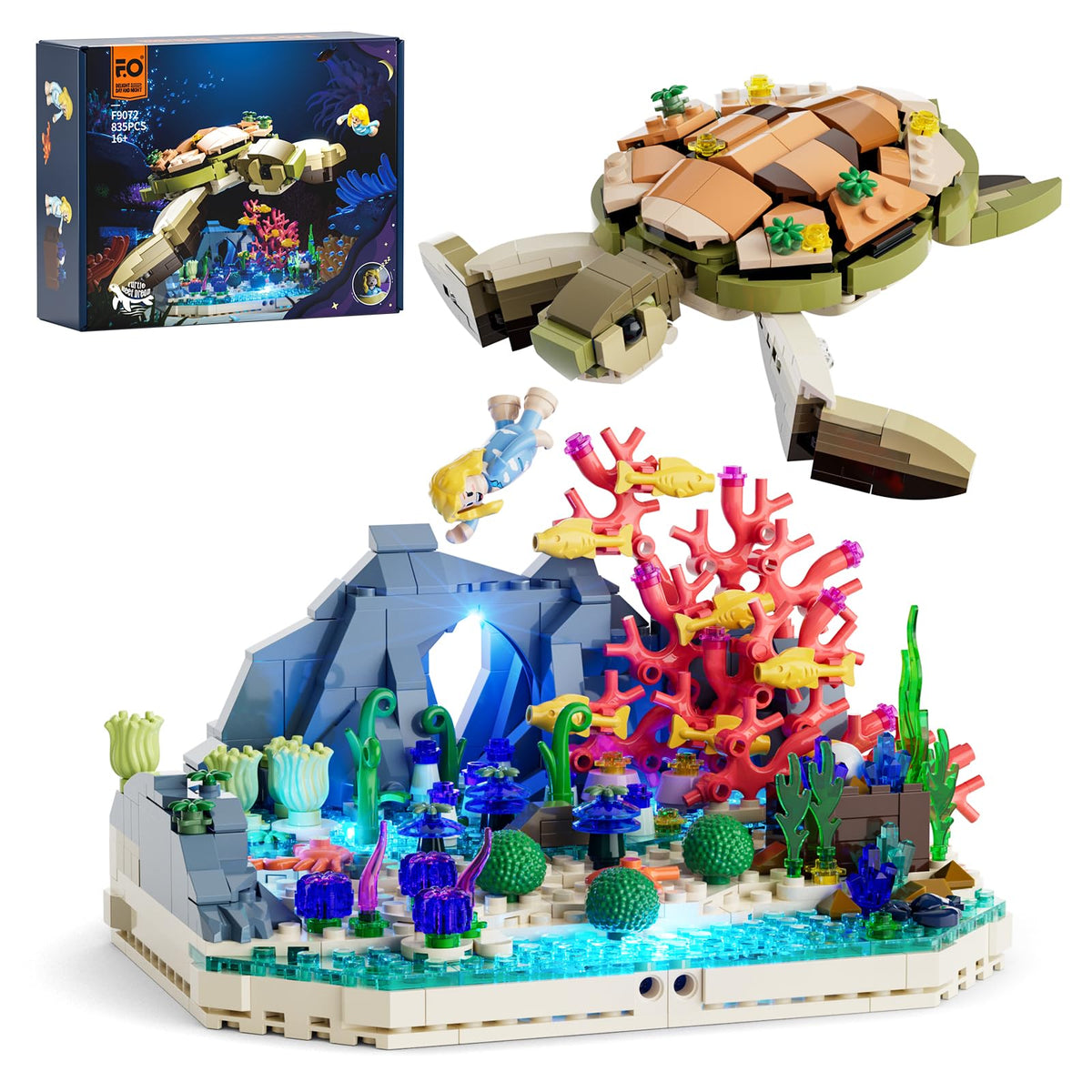 FUNWHOLE Turtle Reef Dream Lighting base glows blue, creating a tranquil desk display.