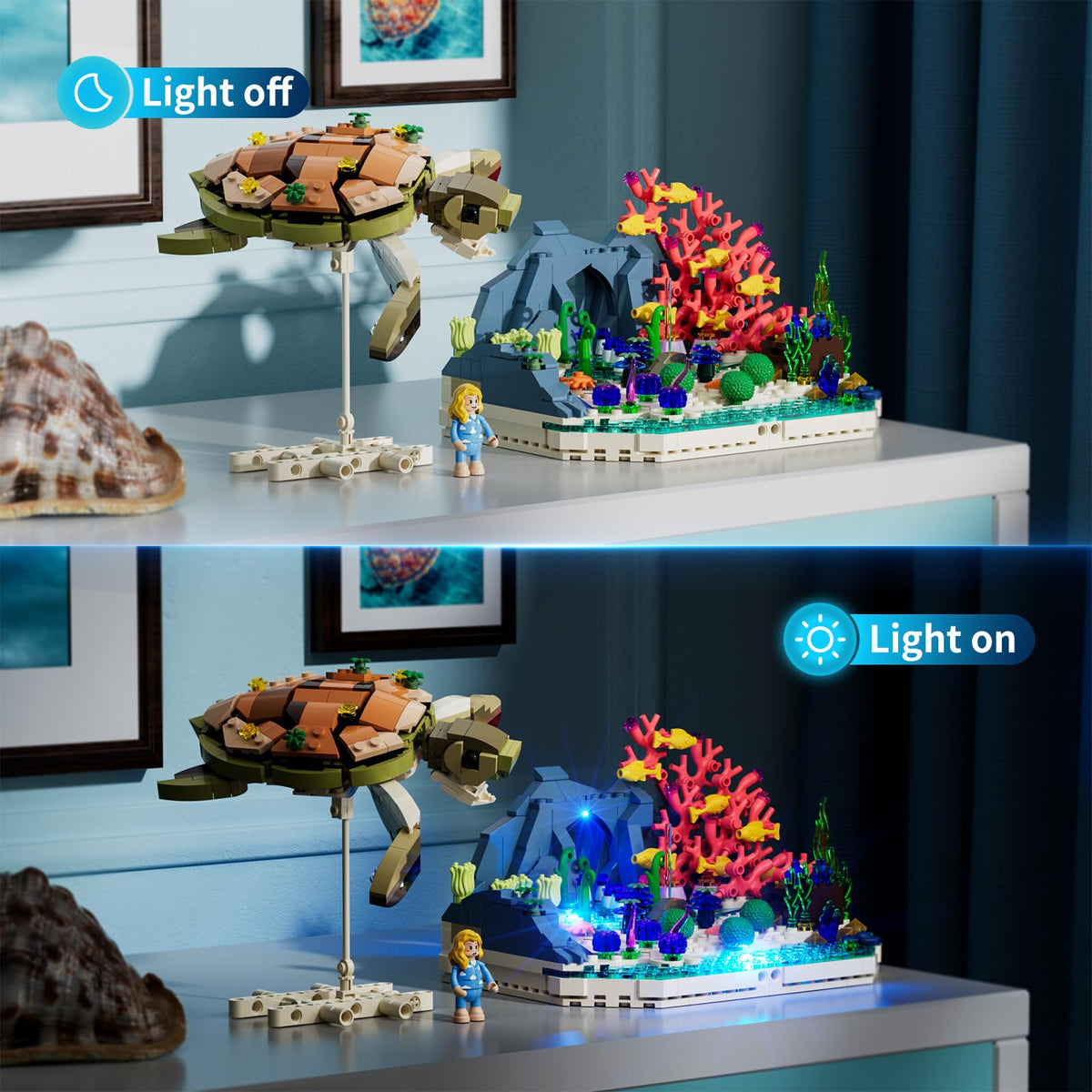 FUNWHOLE Turtle Reef Dream Lighting caves show sparkling LEDs for moody nightscape.