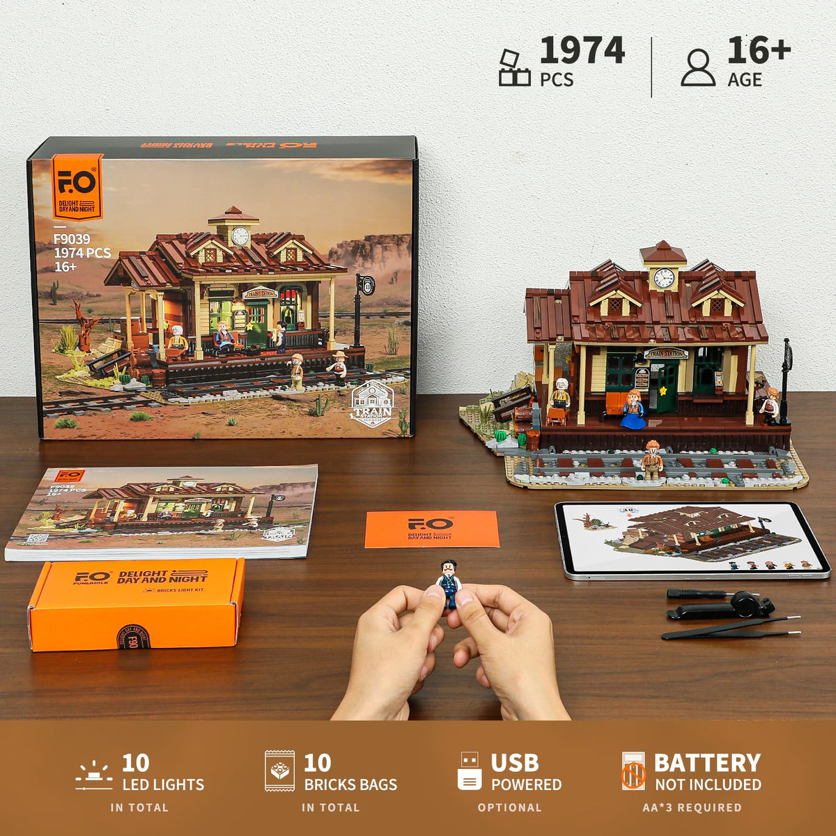 FUNWHOLE Wild West train station detailed bricks show posters, tickets, and schedules.