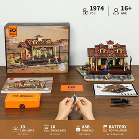 FUNWHOLE Wild West train station detailed bricks show posters, tickets, and schedules.