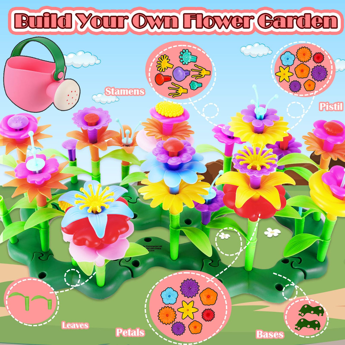 FUNZBO 109pcs colorful garden designs encourage fine motor skill practice.