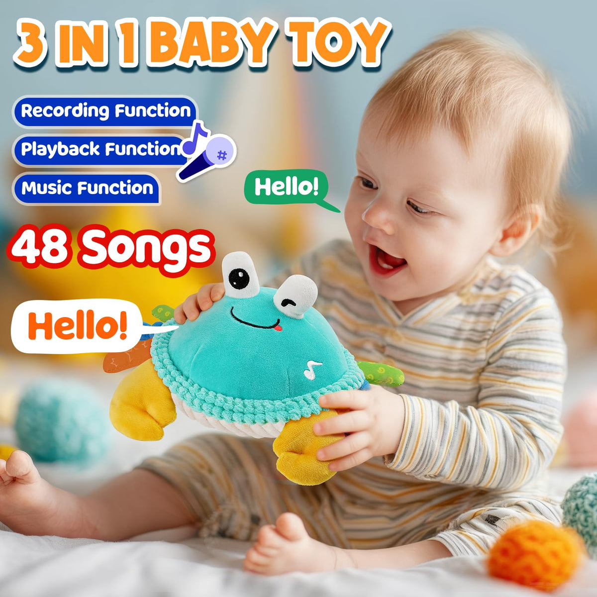 FUNZBO crab toy features 50 songs to entertain and engage during tummy time.