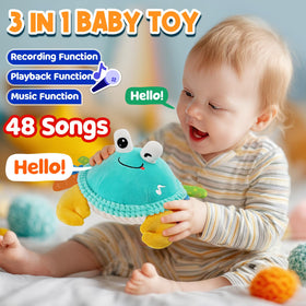FUNZBO crab toy features 50 songs to entertain and engage during tummy time.