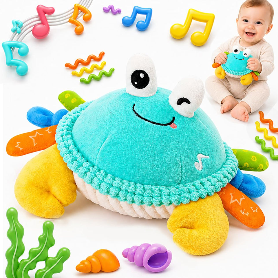 FUNZBO baby tummy time crab crawling toy encourages crawling movement and exploration.