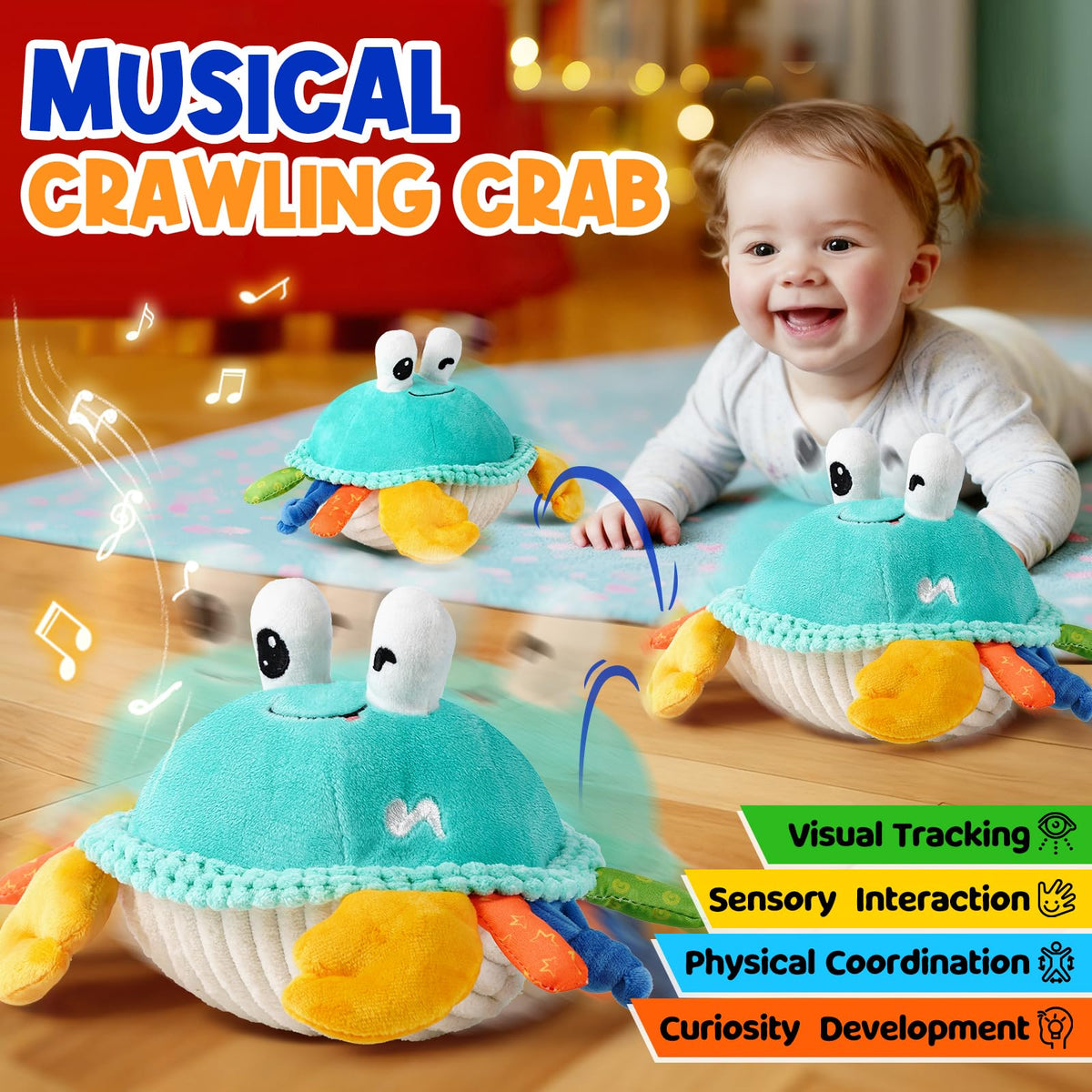FUNZBO musical dancing crab toy with bright colors for visual attention during play.