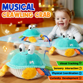 FUNZBO musical dancing crab toy with bright colors for visual attention during play.