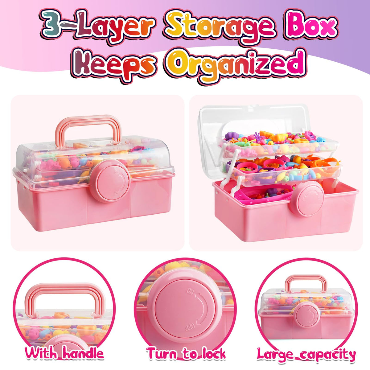 FUNZBO upgraded pink storage box keeps beads organized.