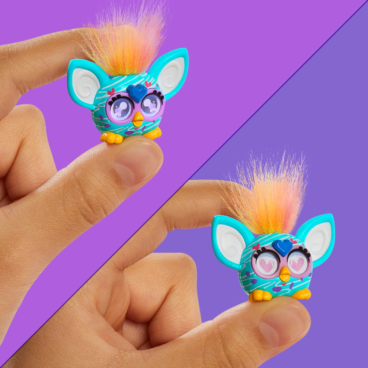 Furby Minis floofy hair tuft adds classic Furby charm.