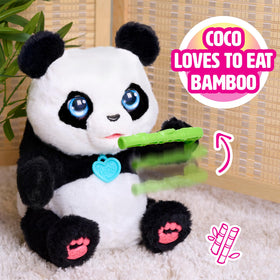 Coco holds a bamboo shoot snack for snack-time pretend play