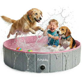 Furrybaby 47in pink dog pool folded for easy storage and travel.