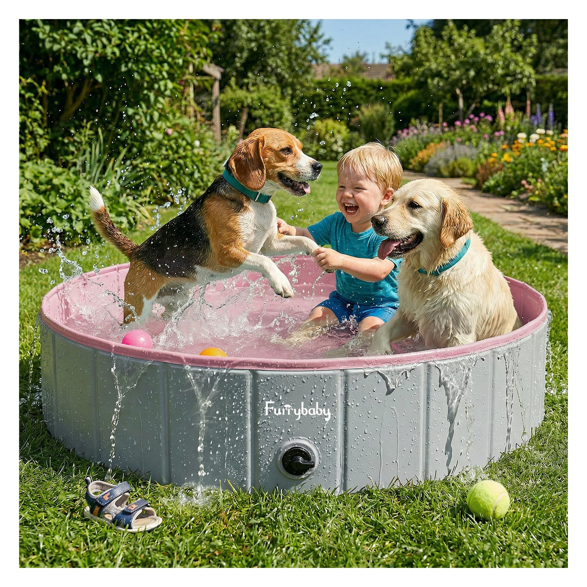 Furrybaby dog pool with sidewall MDF structure maintains shape during use.