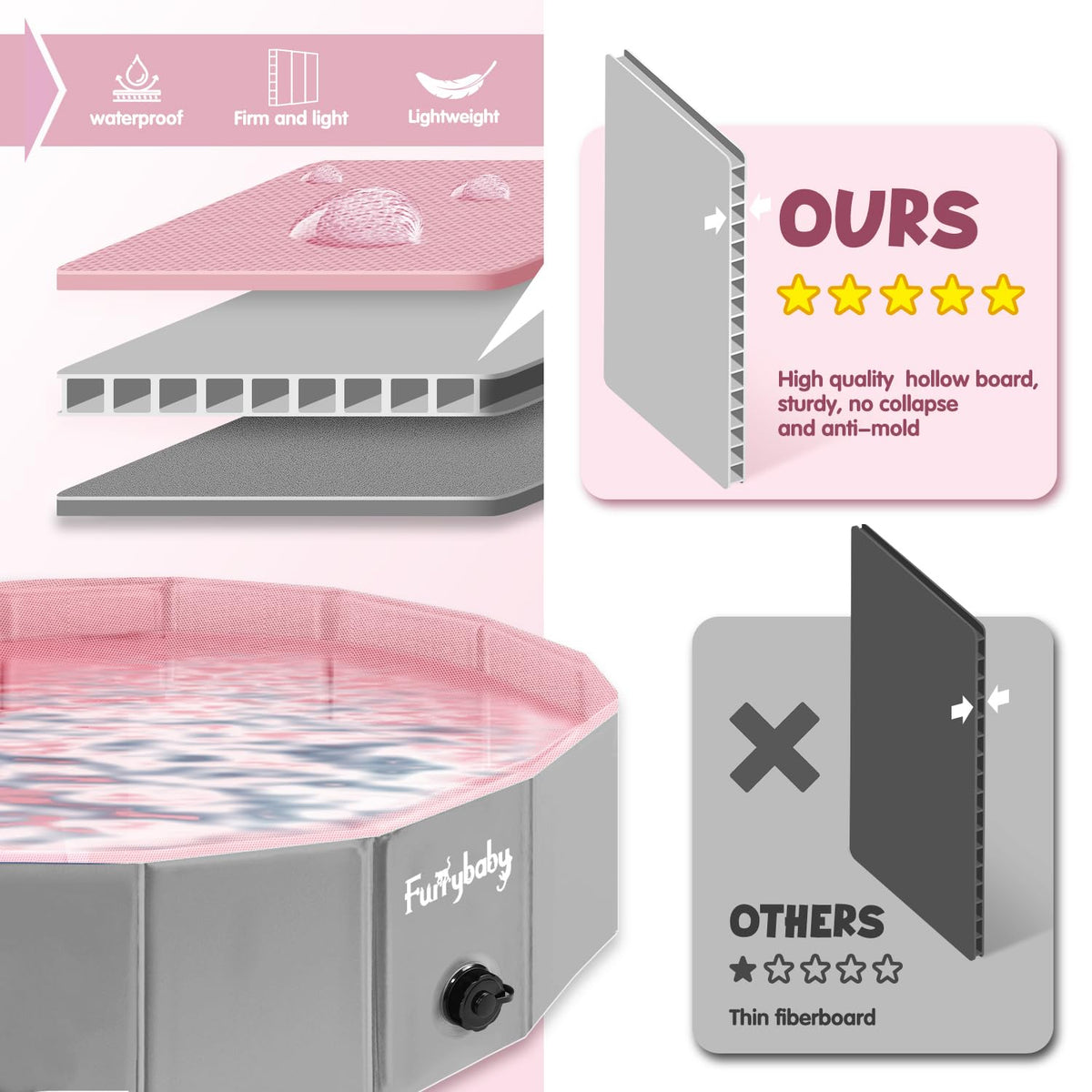 Furrybaby pink interior dog pool provides kid-friendly space.