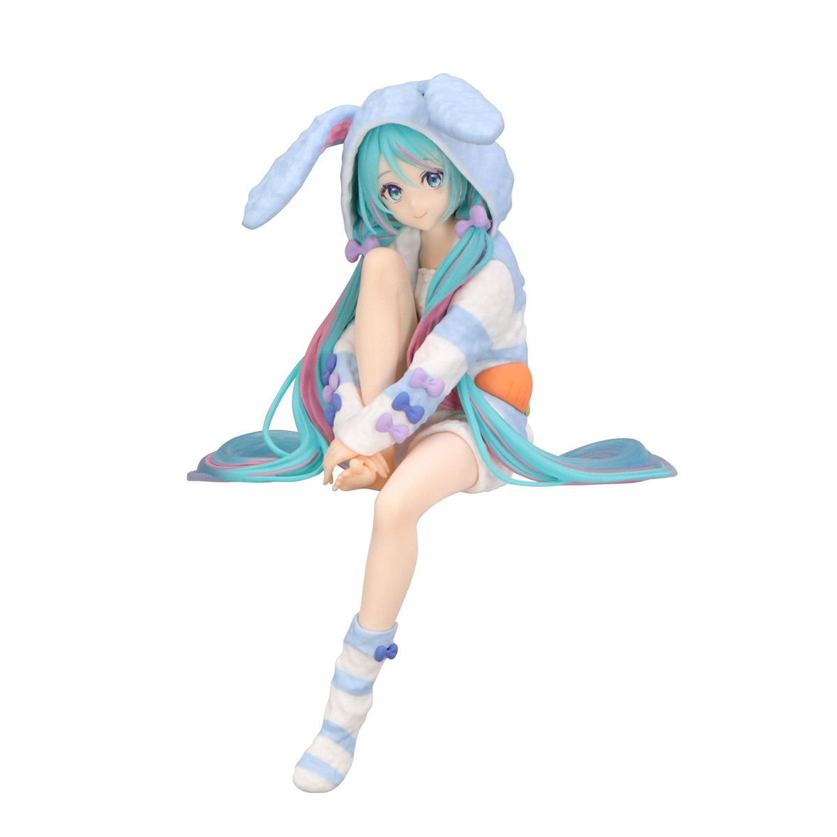 FuRyu Hatsune Miku noodle stopper figure with rabbit ear hood pajama blue, ideal display piece.