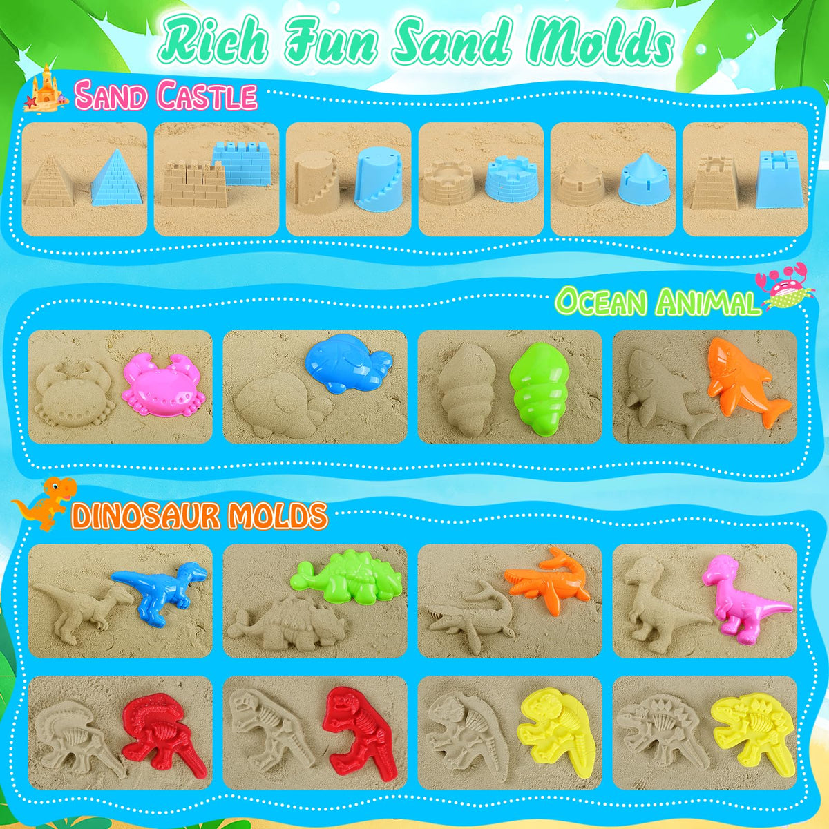 FUSPWEAO sand-castle-molds kit helps kids create grand sandy kingdoms.