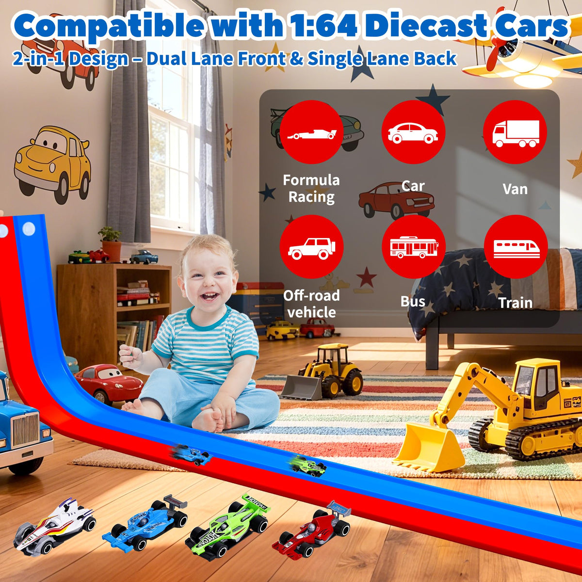 FUTESI double-sided track 1:64 cars compatible for two-player racing fun.