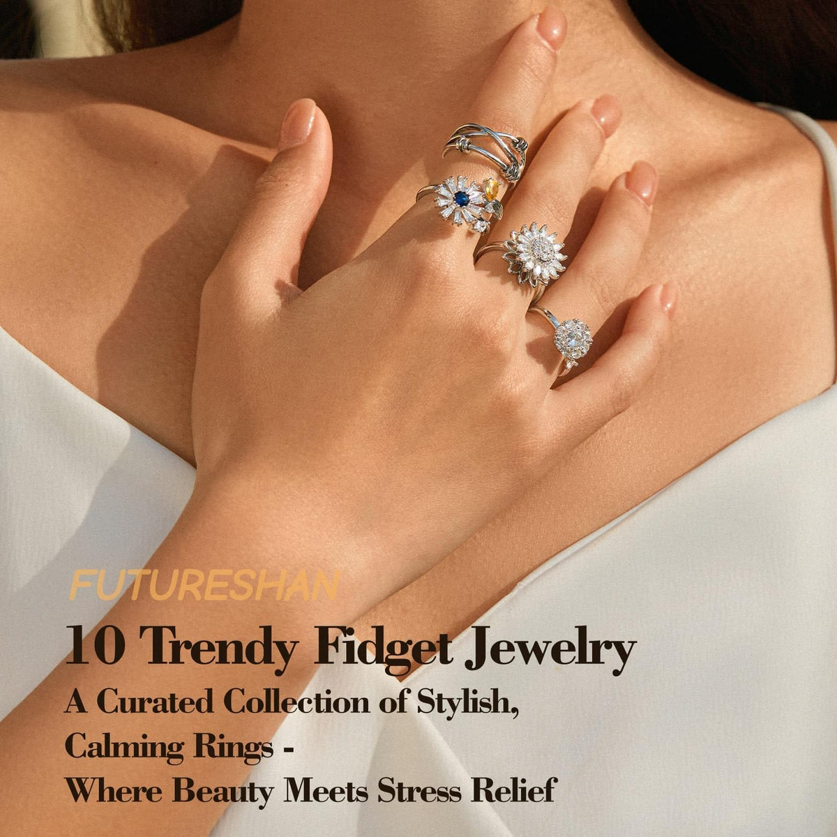 FUTURESHAN 10Pcs Flower CZ design rings blend shimmer with calming fidget action.