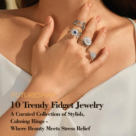 FUTURESHAN 10Pcs Flower CZ design rings blend shimmer with calming fidget action.